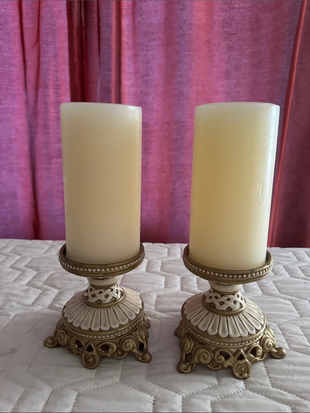 Fitz and Floyd Cream Pillar Candle Holders with Gold Accents